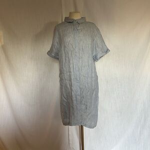 Blue Linen Shirt Dress Midi Tie Waist white striped casual nautical UK‎ 16 NWT
